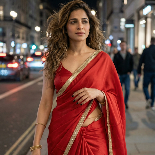 Regal Ember deep red saree full look – rich royal crepe with ceremonial red intensity